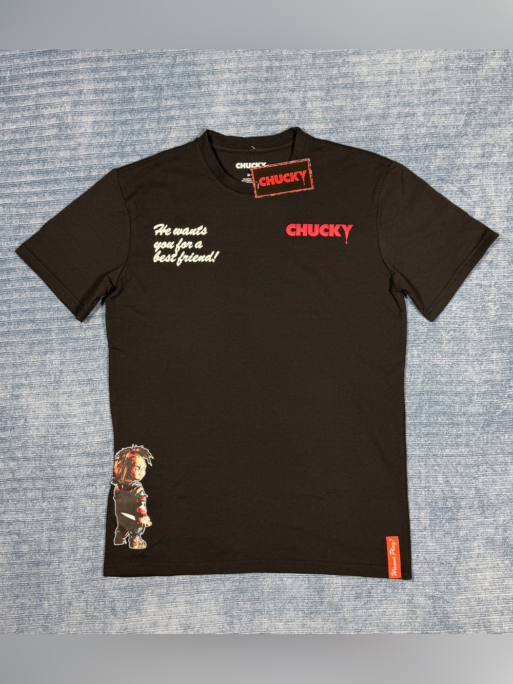 Chucky Child's Play Horror Movie Graphic T-Shirt Mens M Black Wanna Play Tee NEW